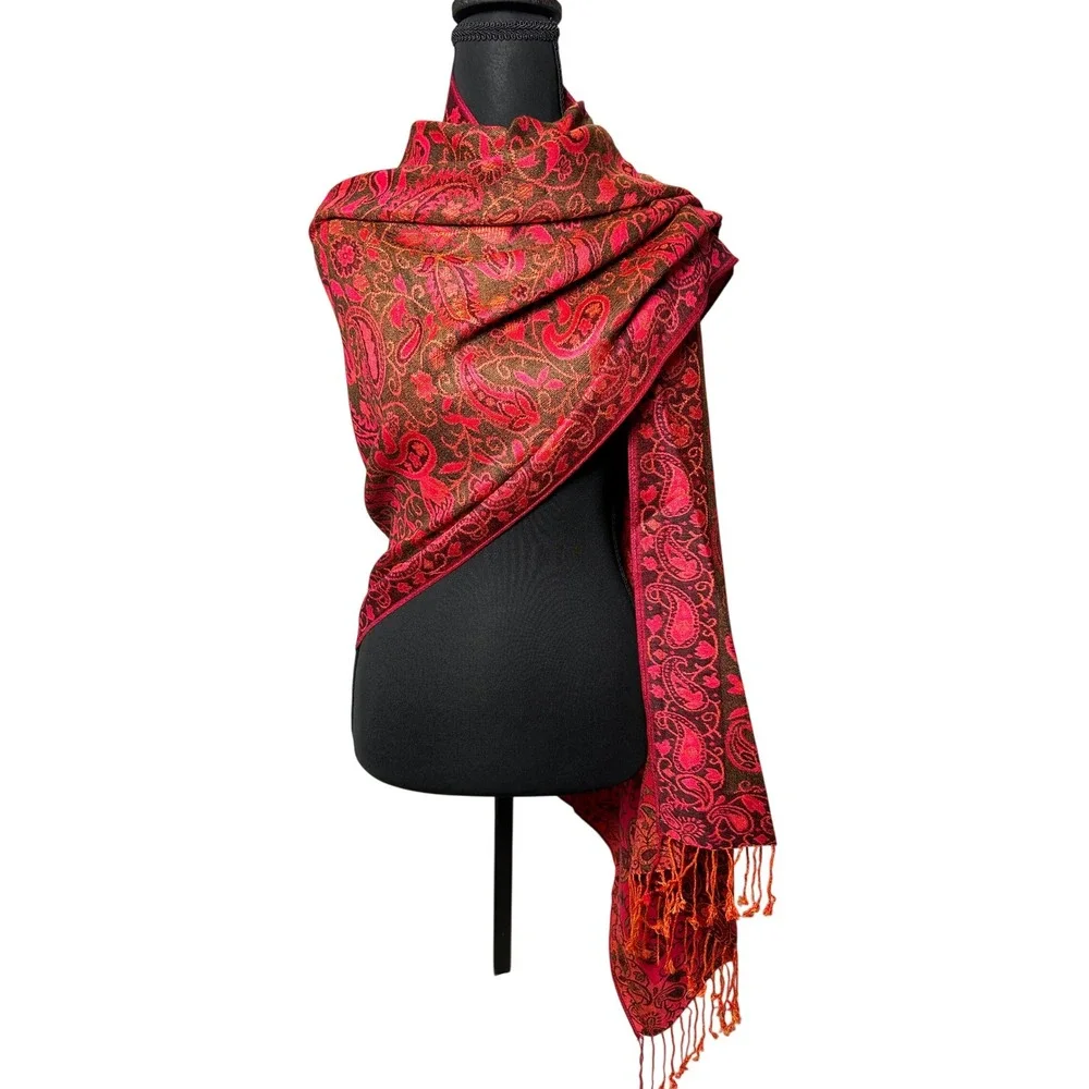 Pashmina Red Orange Paisley Silk Cashmere Blend Fringed Shawl Wrap Scarf Elegant